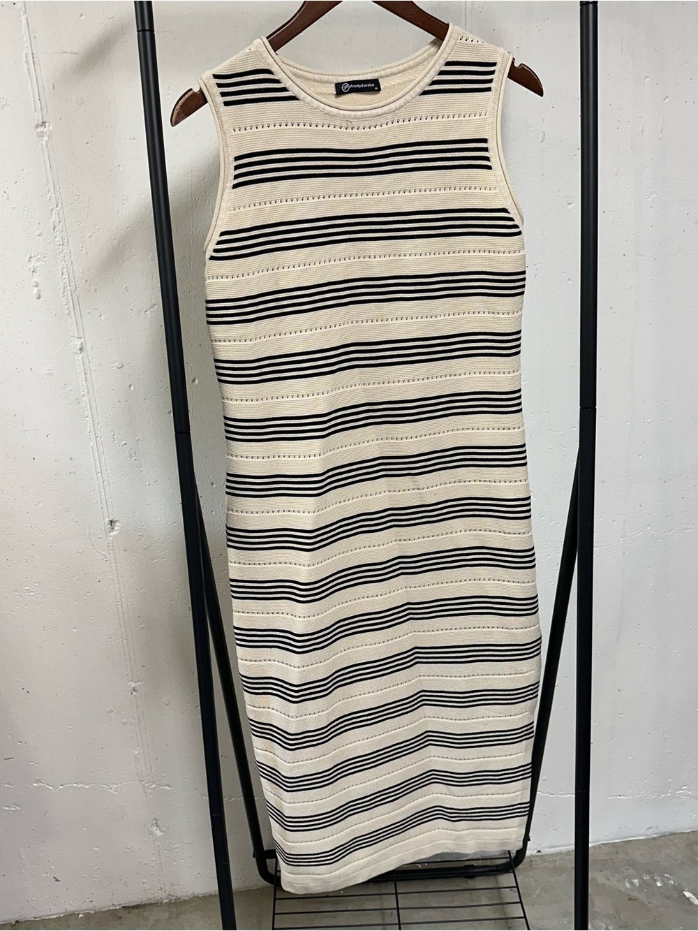 Sleeveless Midi Knit Dress in Cream and Black Stripes